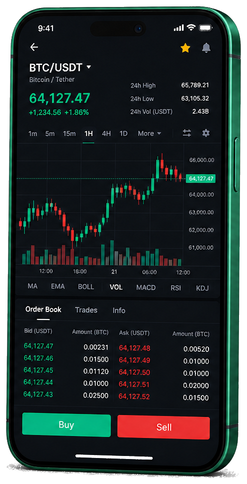 Interface mobile de trading Corivitus — cours BTC/USDT en temps réel, carnet d’ordres et outils de suivi des transactions